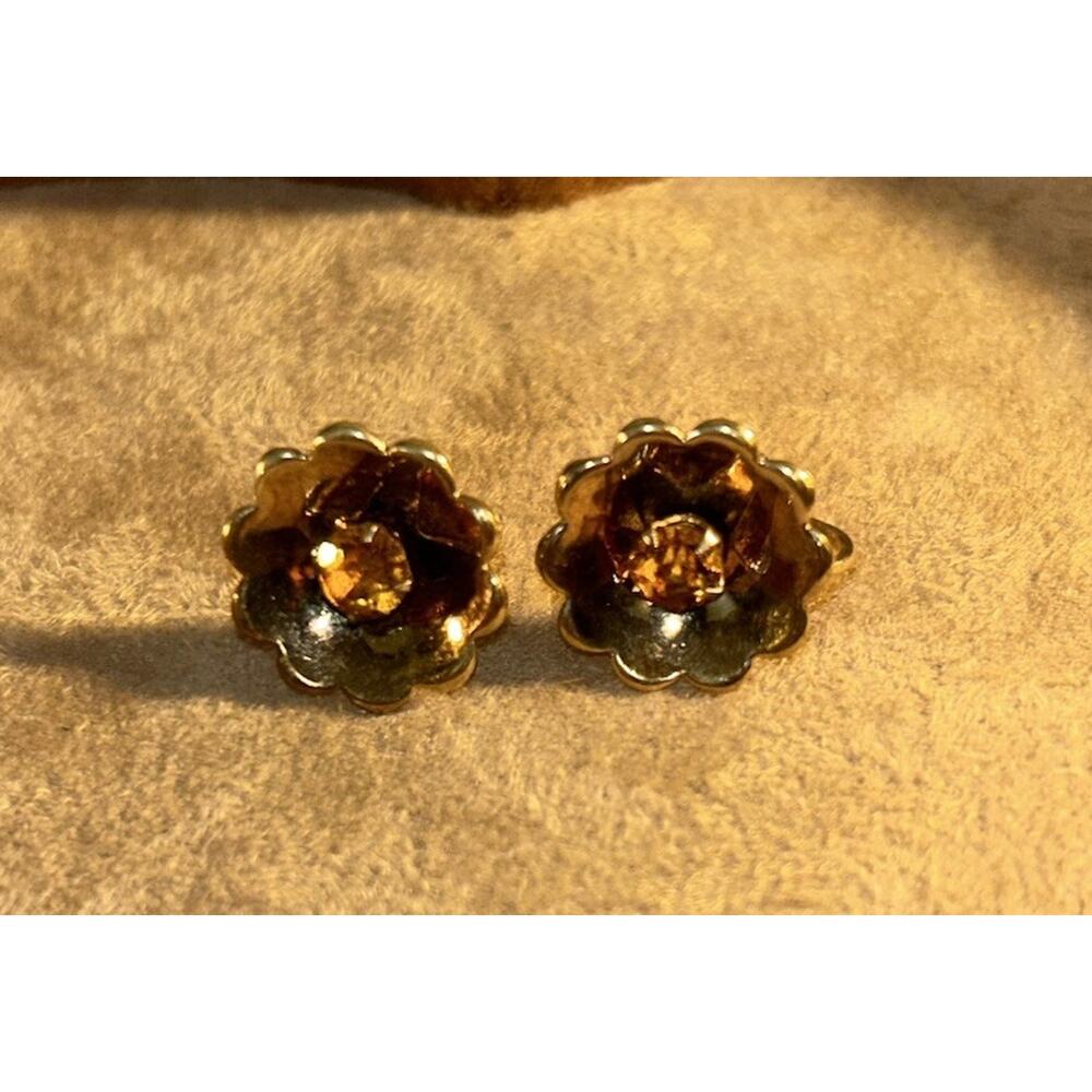 Vintage Sterling Silver Flower Screw Back Earrings Amber Rhinestone Floral